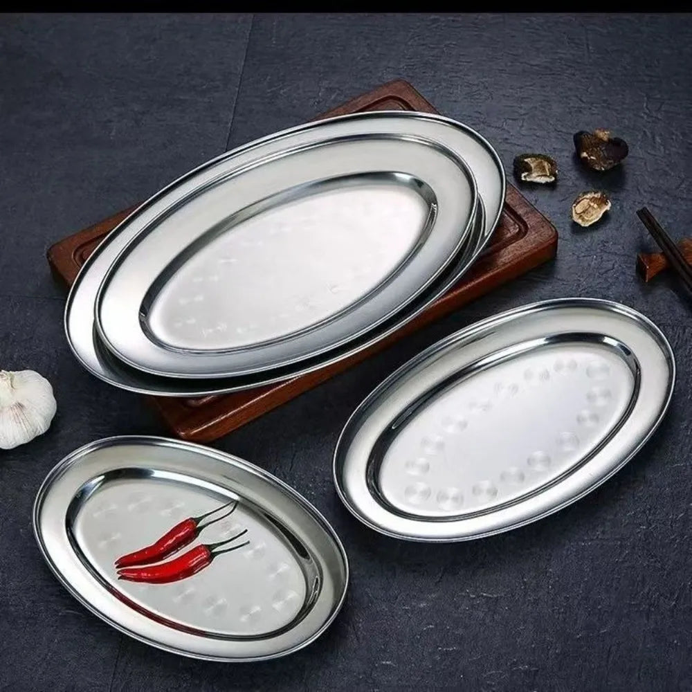 Stainless Steel Oval Fish Plate – Shallow Serving Tray Multi-Size