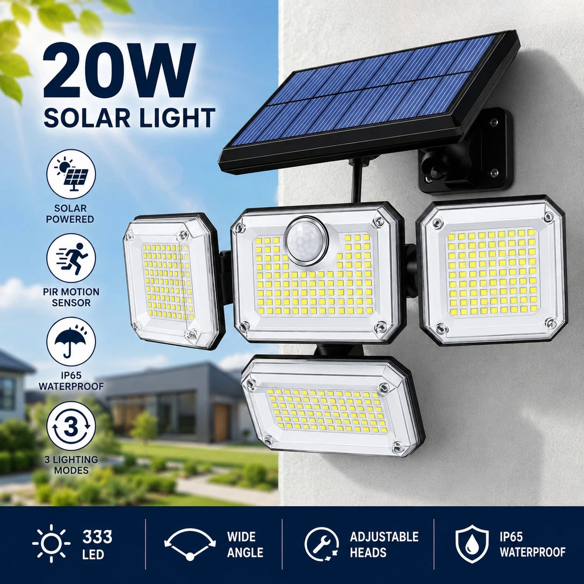 Solar Flood Light 333 LED 20W IP65 Waterproof – 3 Modes Outdoor