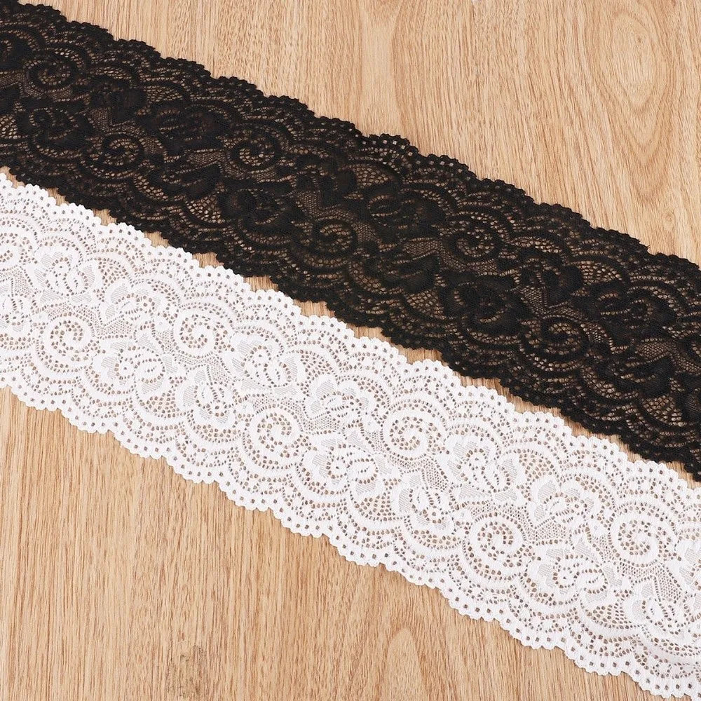 2-Yard Elastic Floral Lace Trim – Hollow Polyester Ribbon Black White