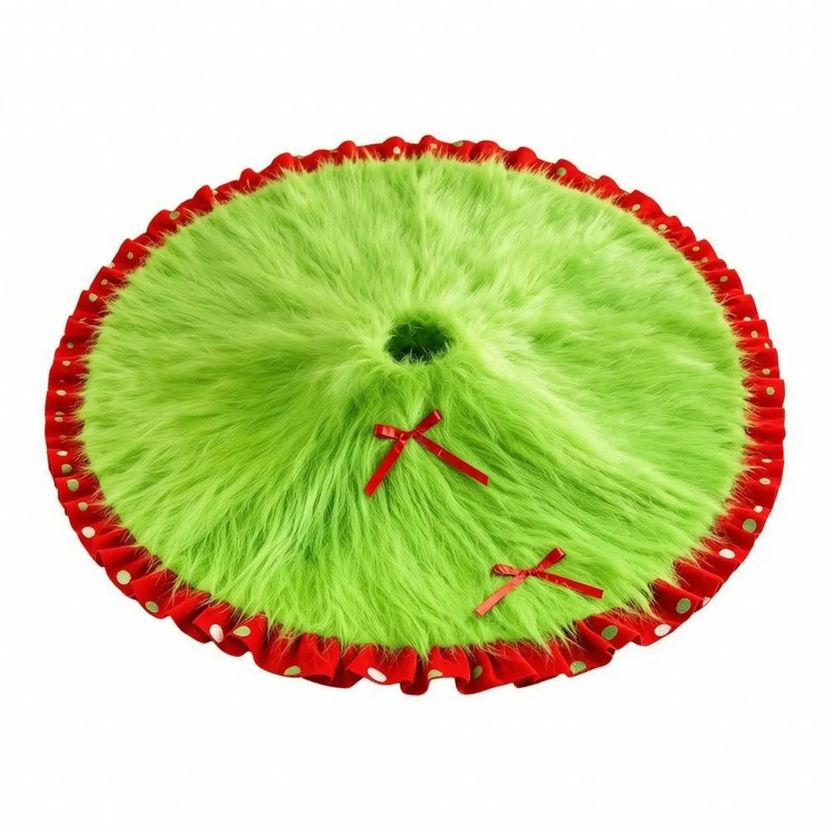Round Plush Christmas Tree Skirt – Soft Furry Mat with Red Bows