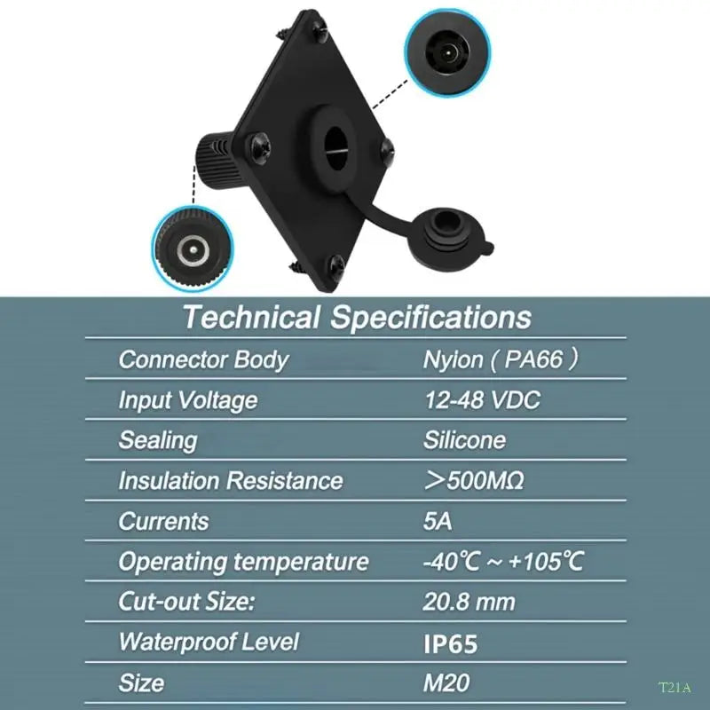 T21A Square Panel Mount Power Socket 12V 5A IP65 Female Inlet