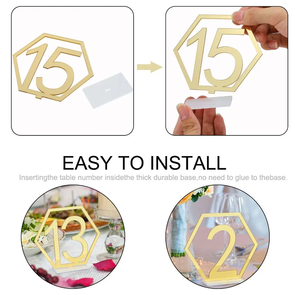 Gold Hexagon Acrylic Table Numbers 1–15 with Stands | 15-Pack