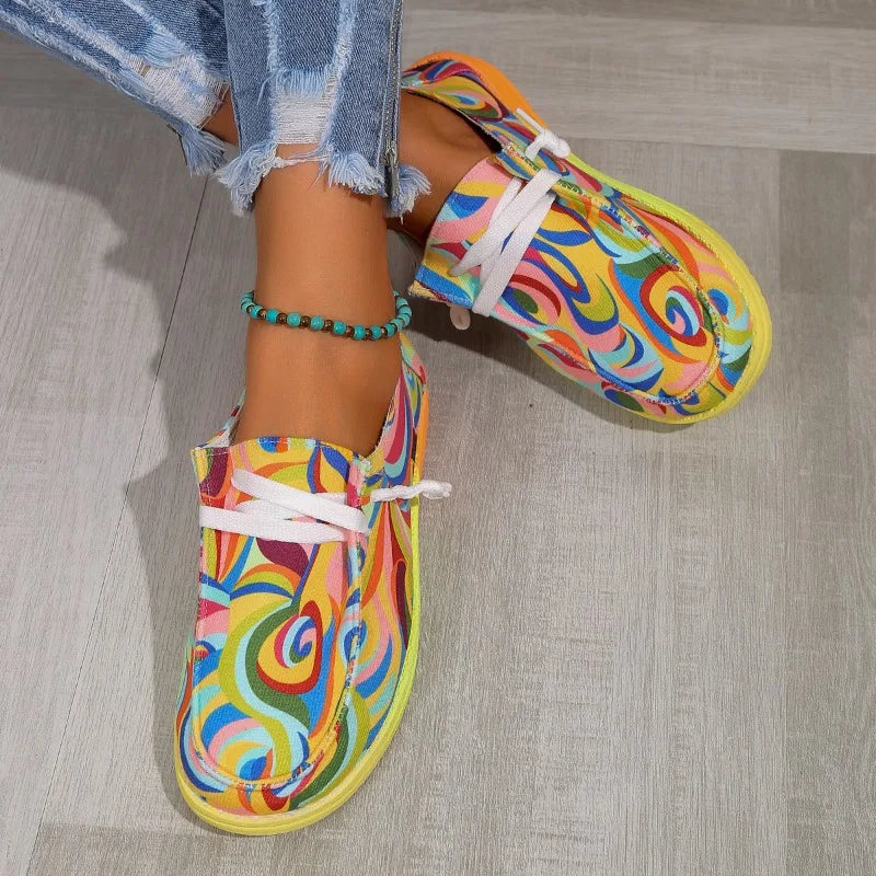 Women's Rainbow Canvas Flat Sneakers – Lace-Up Casual Shoes