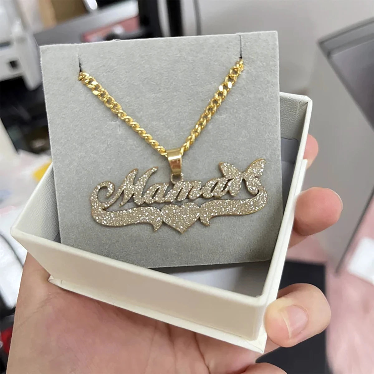 Custom Name Necklace – 18K Gold Cuban Chain & Butterfly Pendant