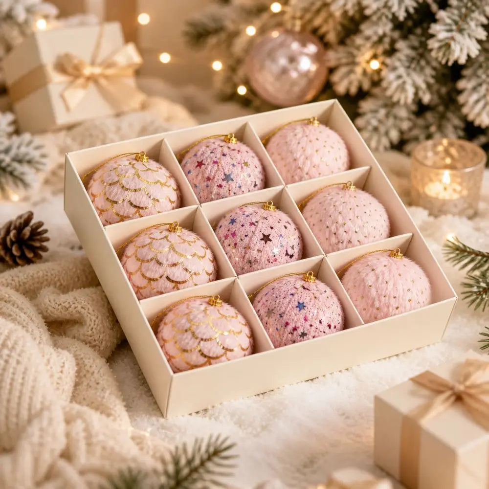 Plush Fabric Christmas Ball Ornaments – 9-Piece Gift Box Set