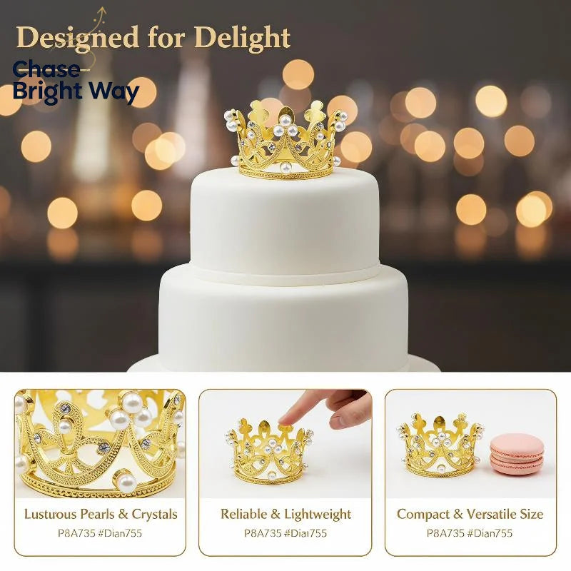 Pearl Crown Cake Topper – Gold Princess Tiara Party Decor
