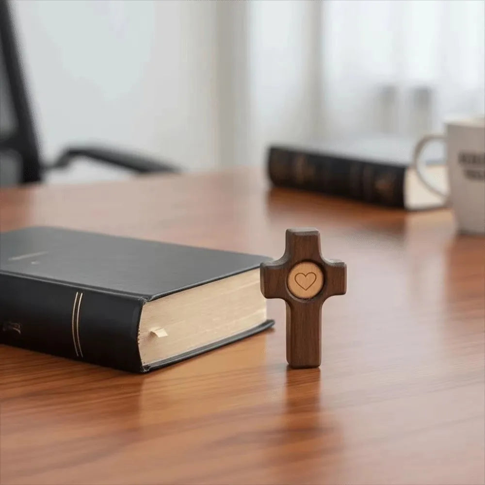 Walnut Wood Pocket Cross – Heart Pattern Spiritual Fidget