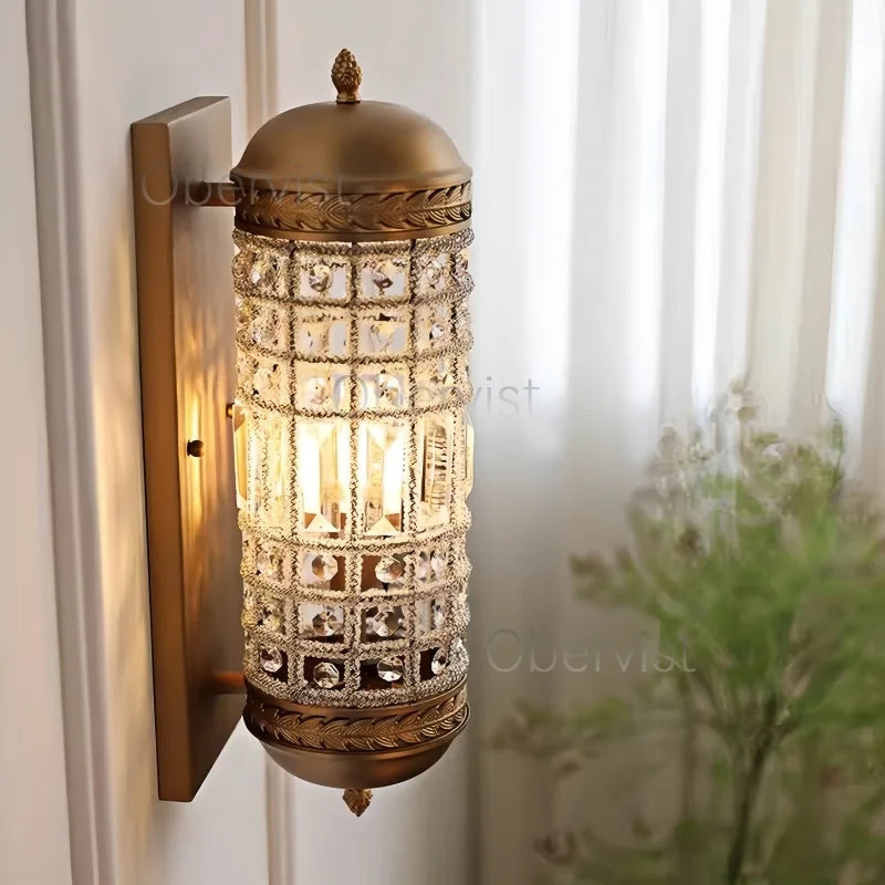 Vintage Crystal LED Wall Sconce | Gold Cylindrical Wall Lamp