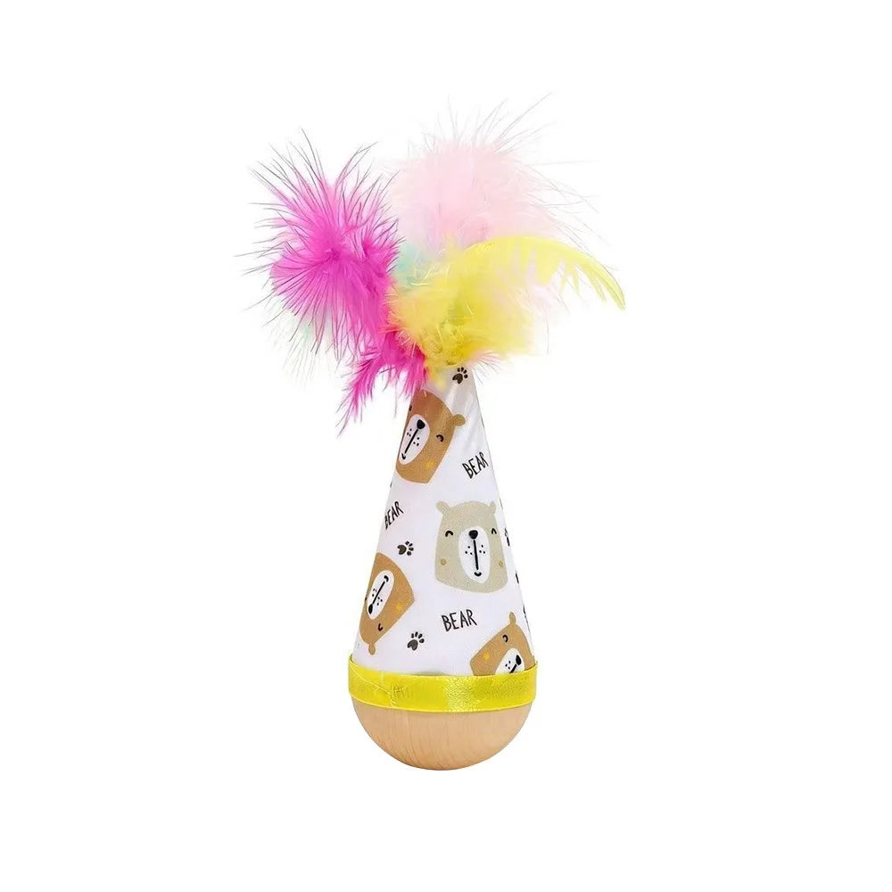 Wooden Tumbler Cat Toy – Feather Wobbler, No Batteries Needed