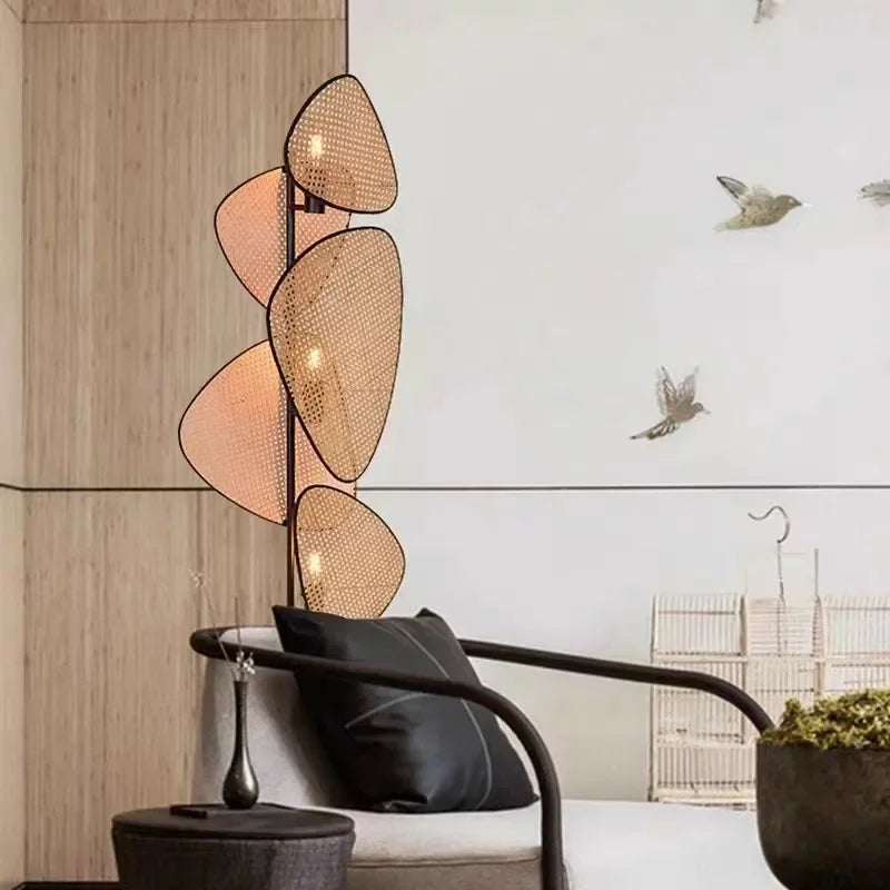 Rattan Bamboo Floor Lamp – Leaf Grid Design for Living Room