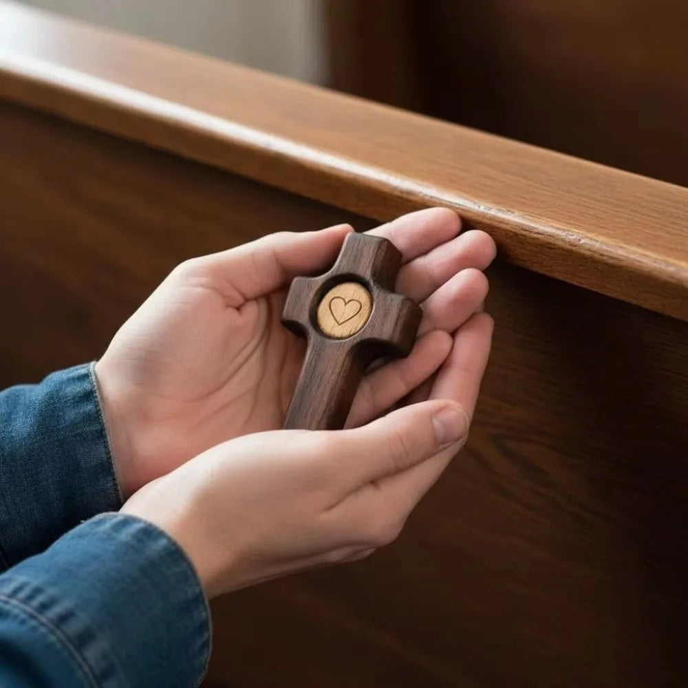 Walnut Wood Pocket Cross – Heart Pattern Spiritual Fidget