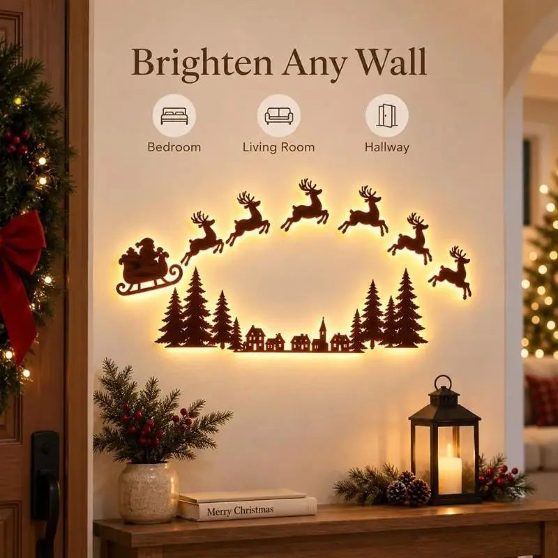 Lighted Santa Sleigh Reindeer Christmas Wall Décor Remote Set