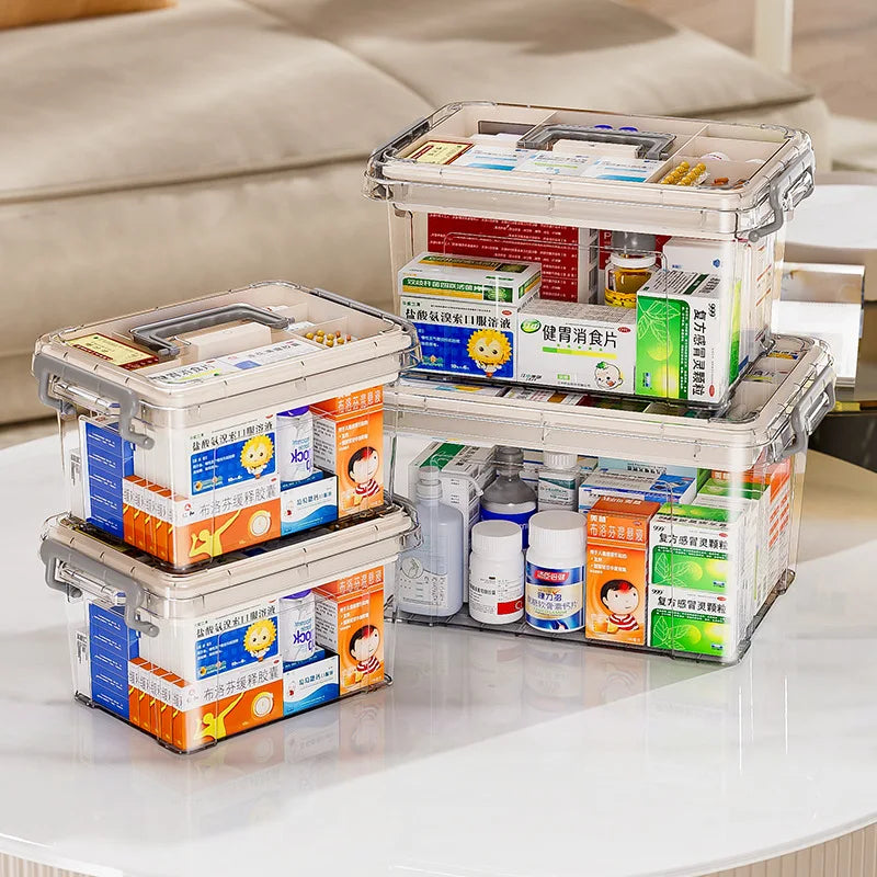 Double Layer Transparent Pill Medicine Storage Box with Handle
