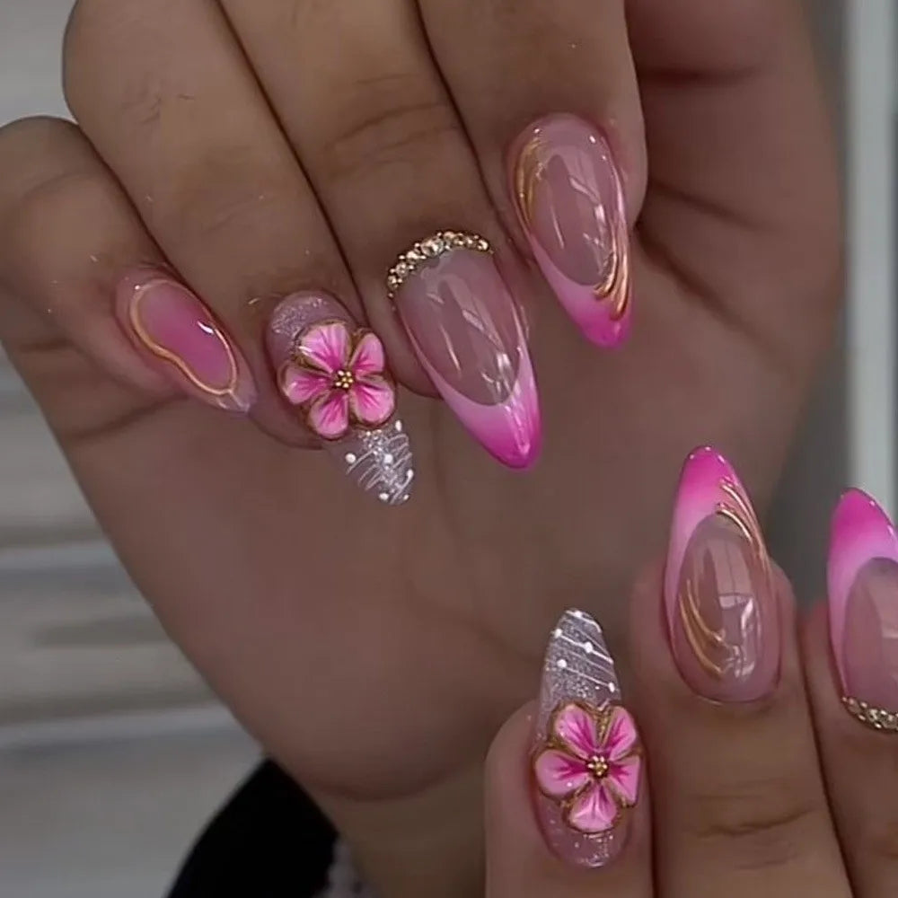 24-Pack French Almond Press On Nails – Pink Flower Full Cover