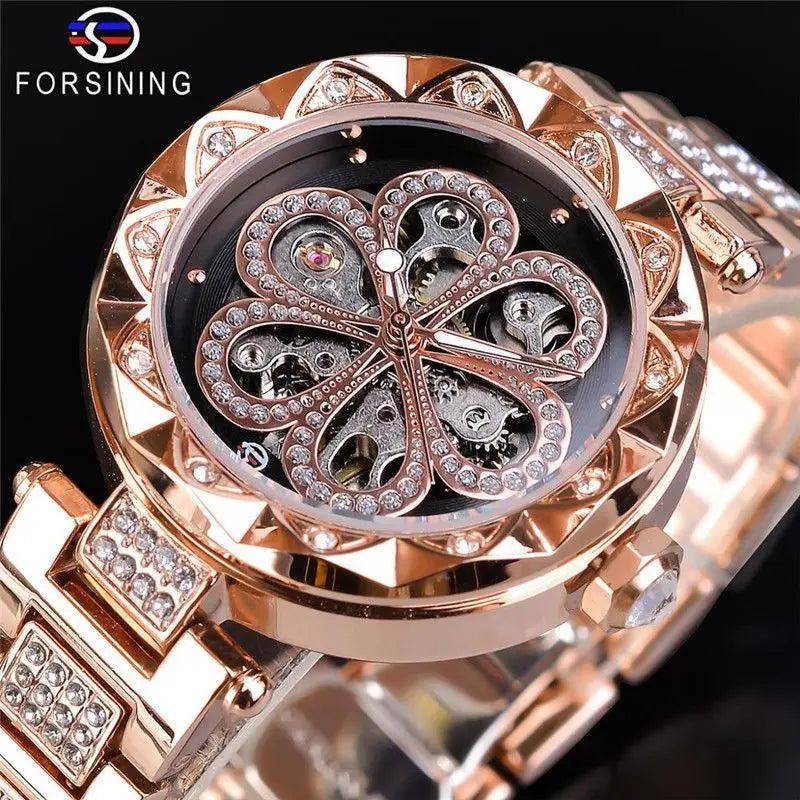 Women's Automatic Mechanical Watch – Hollow Dial Steel Band