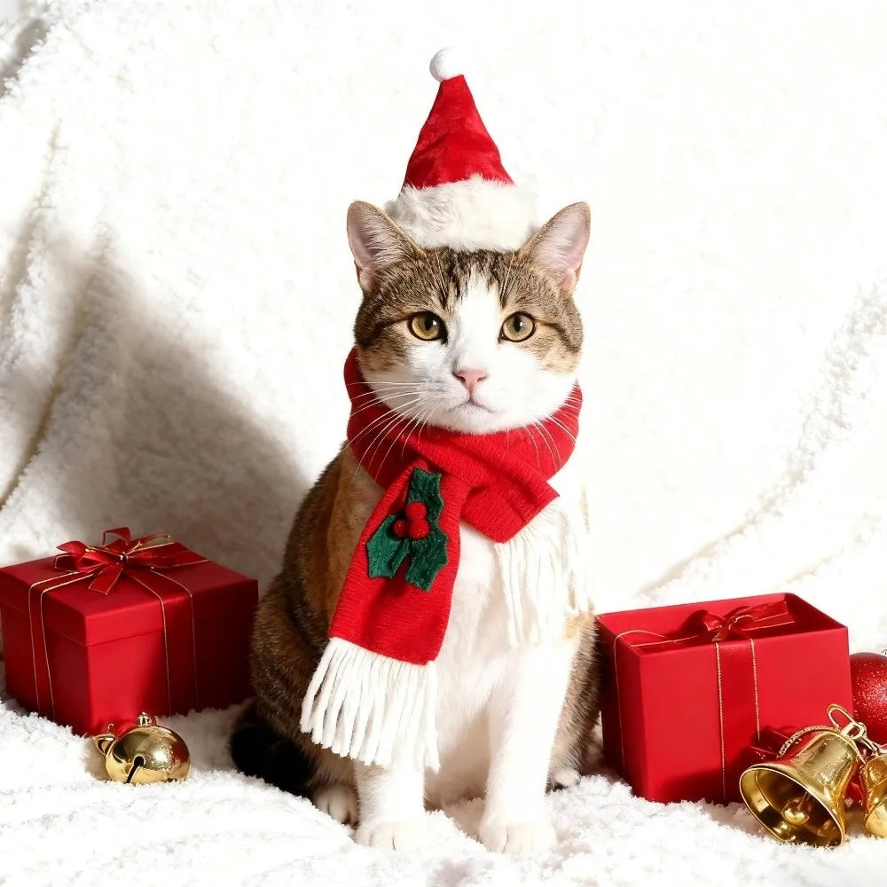 Christmas Dog & Cat Scarf Hat Set – 2-Pc Winter Pet Neck Warmer
