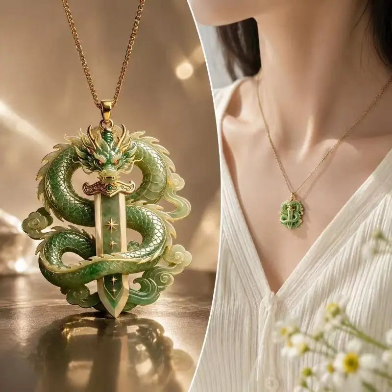 Lavender Jade Dragon Pendant Necklace | Gold-Plated Accents