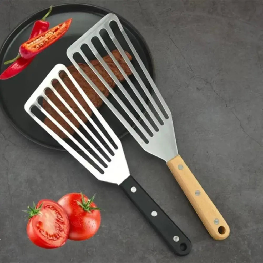 Stainless Steel Slotted Fish Spatula – Wooden Handle BBQ Turner