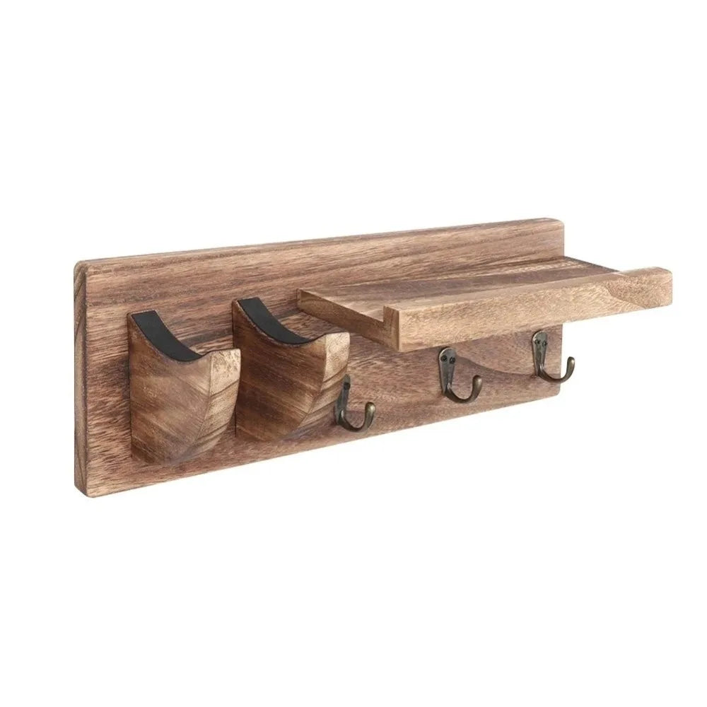 Wooden Guitar Wall Mount Hanger – Pick Holder & 3 Hooks
