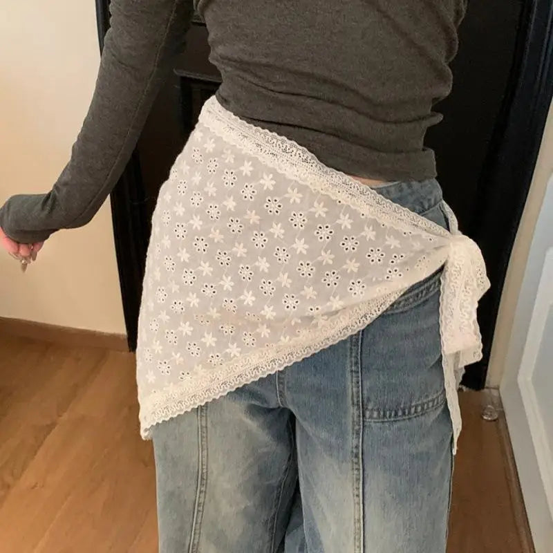 Triangle Lace Waist Scarf – Y2K Floral Embroidery Skirt Trim