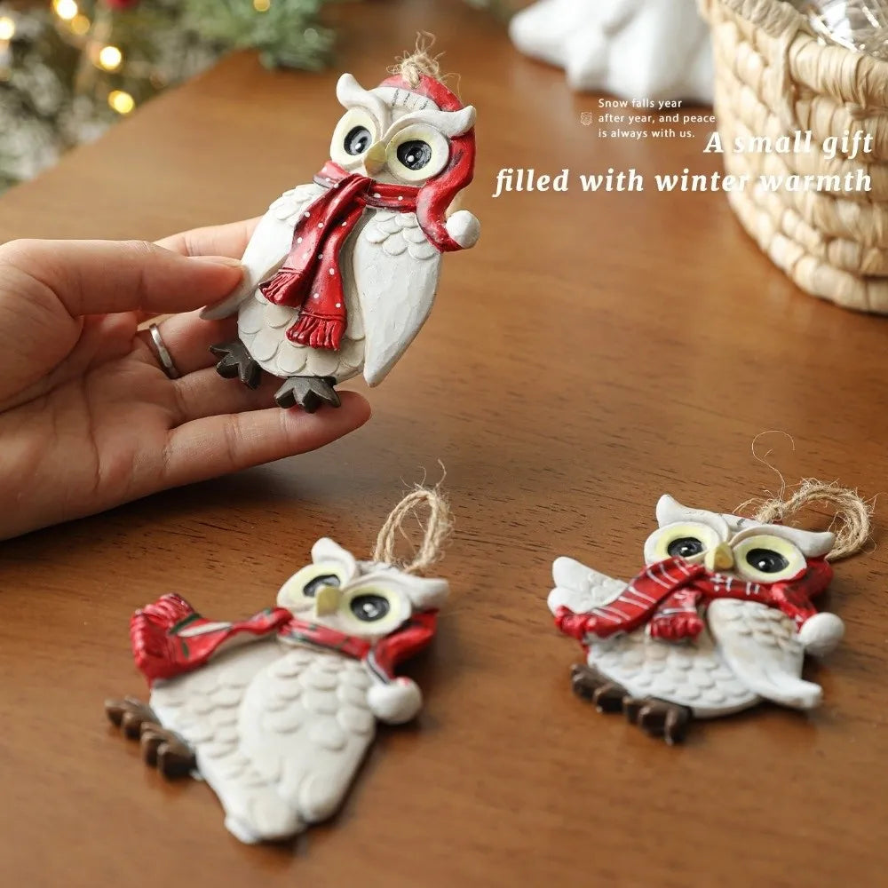 Resin Owl Christmas Ornament with Jute Rope – Vintage Style