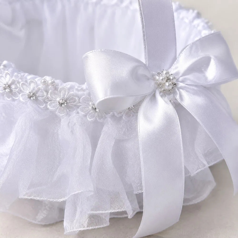 White Satin Flower Girl Basket – 4 Styles | Pearl & Lace