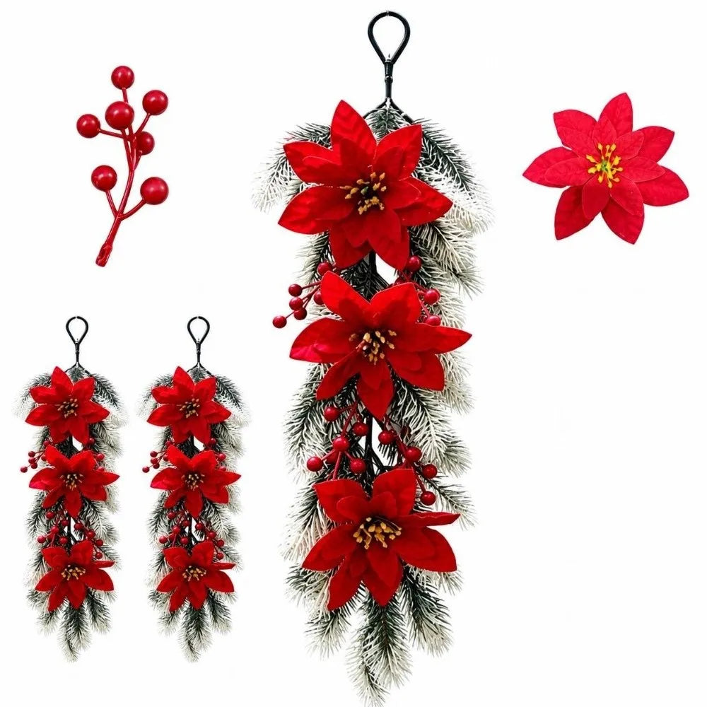 Poinsettia Christmas Swag Garland – Red Berry Pine Wall Decor