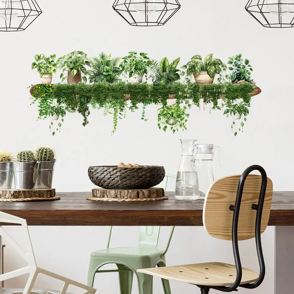 Green Vine Leaf Wall Sticker – Botanical PVC Decal | Hanging Basket