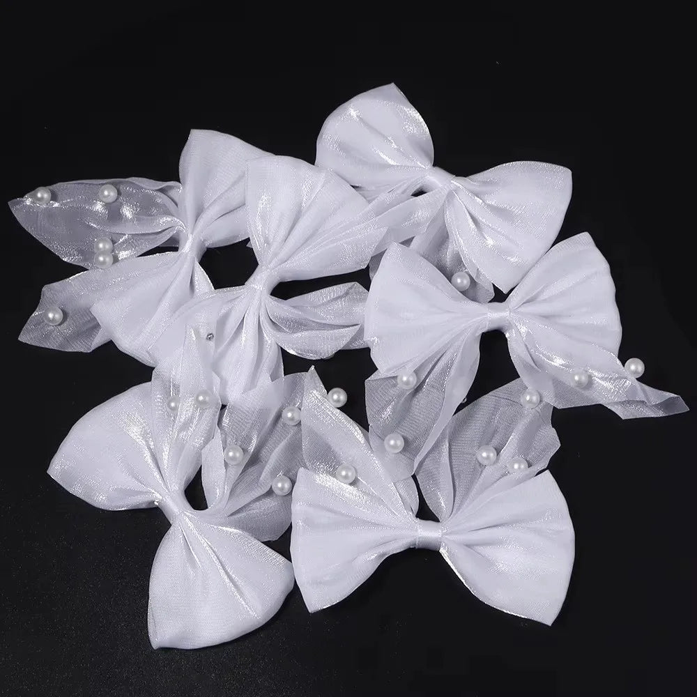 10-Pack Pearl Beaded Bow Appliques – Satin Tulle DIY Patches