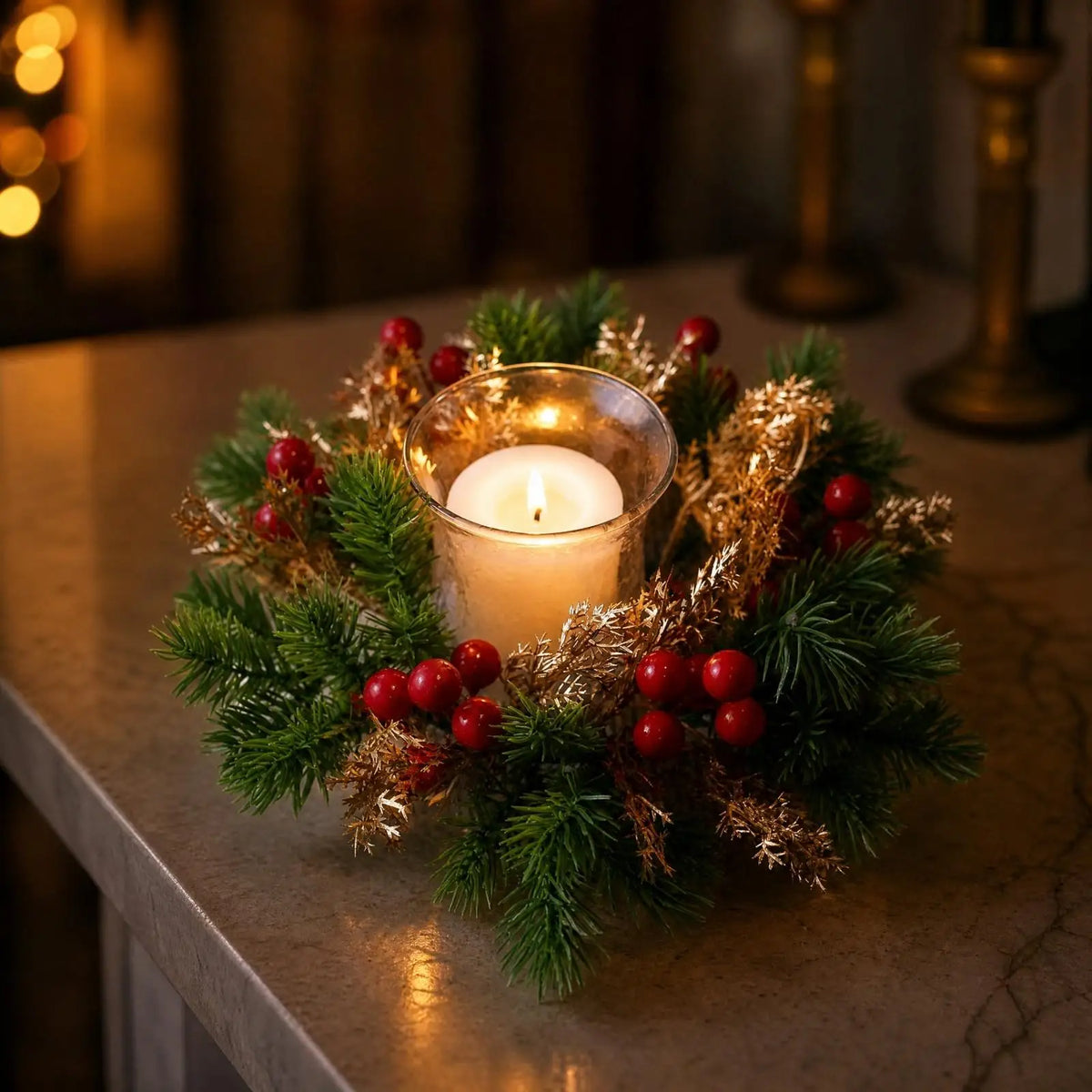 Mini Christmas Wreath Tabletop Centerpiece & Glass Candle Holder