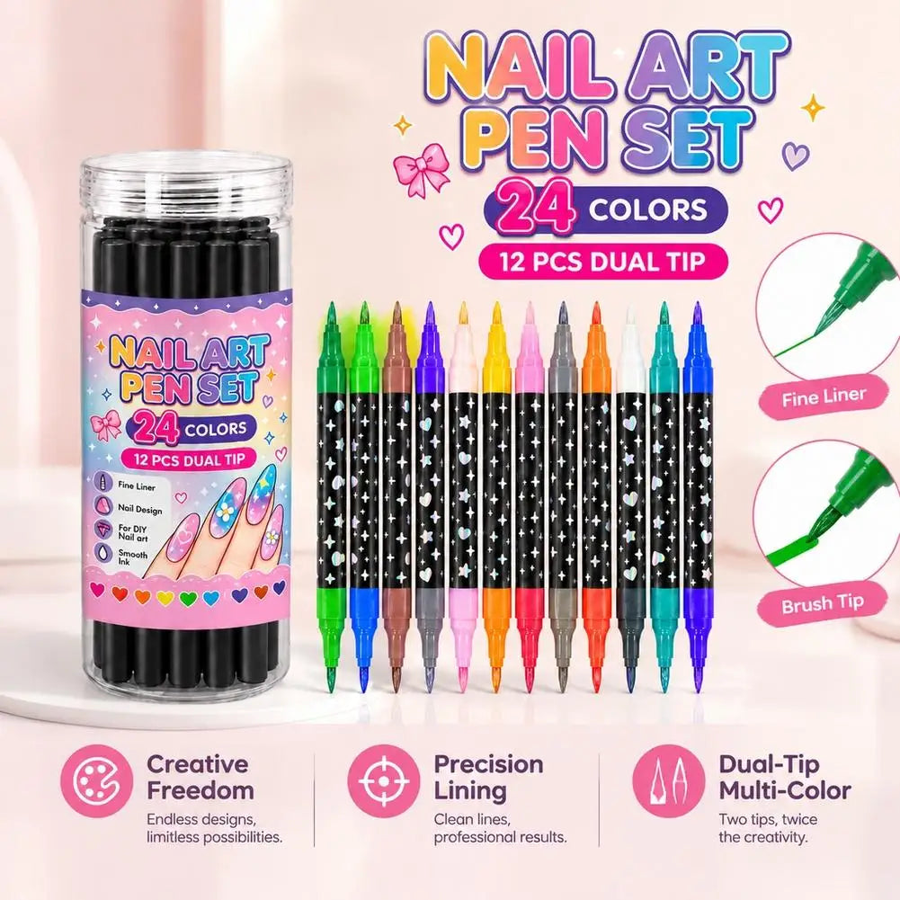 12/24 Color Dual-Tip Nail Art Pen Set – Quick-Dry Acrylic Markers