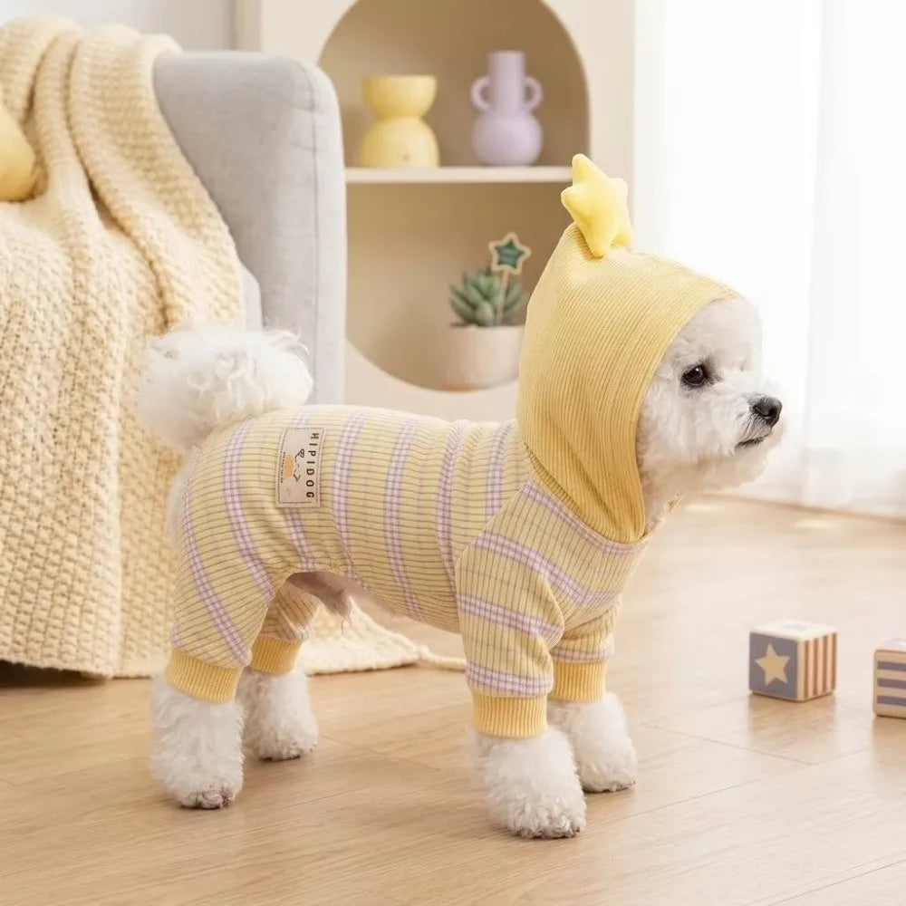 Striped Dog & Cat Hooded Jumpsuit | Built-In Harness D-Ring