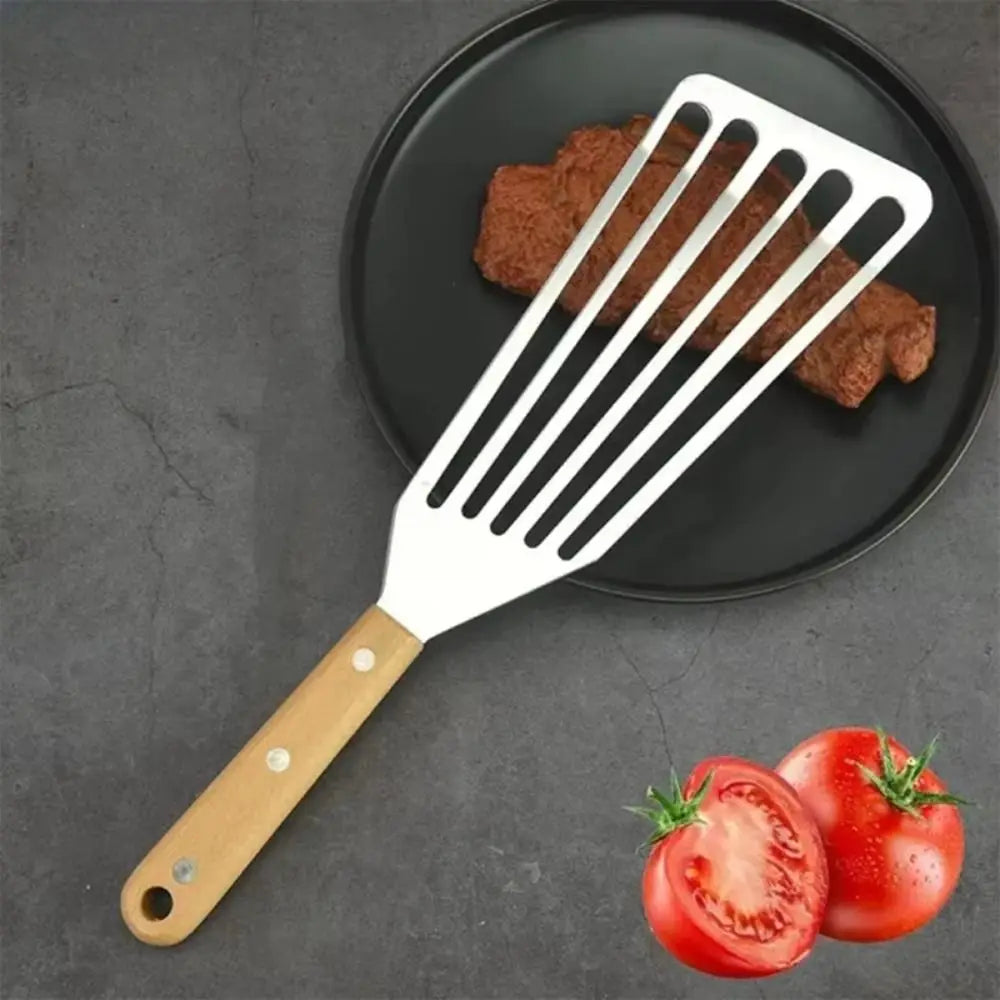 Stainless Steel Slotted Fish Spatula – Wooden Handle BBQ Turner