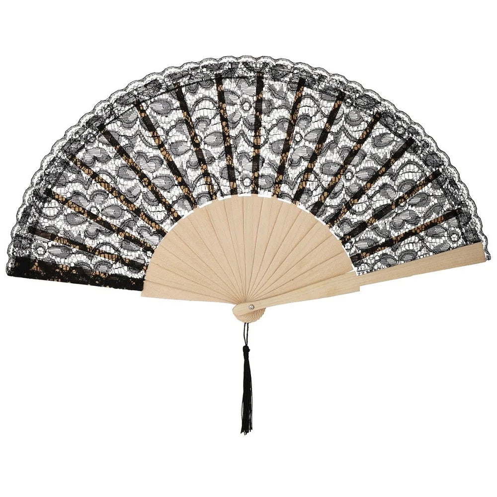 Vintage Chinese Lace Folding Fan – Flower Tassel Wood Hand Fan