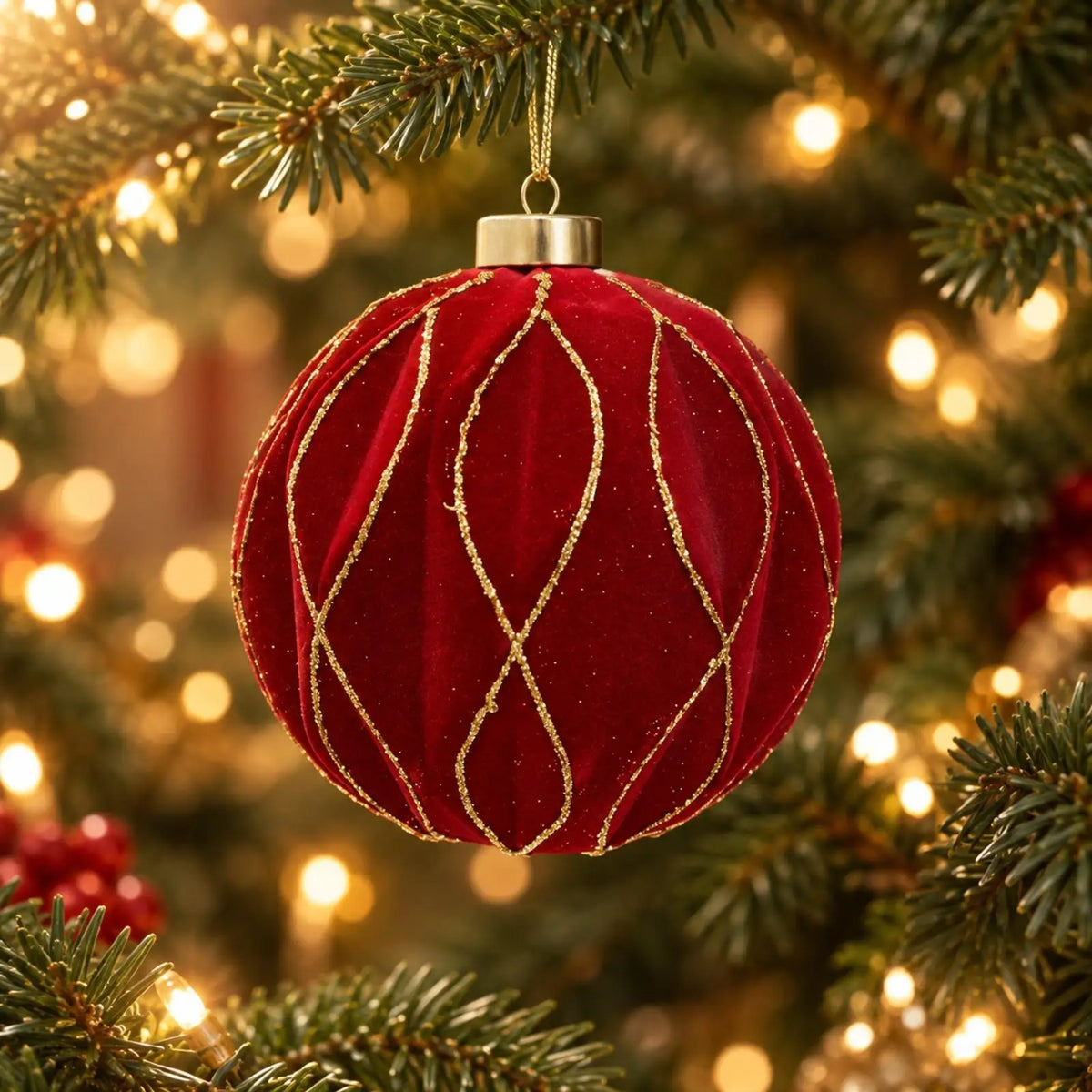 Velvet Christmas Ball Ornaments Golden Glitter Plush Set of 6