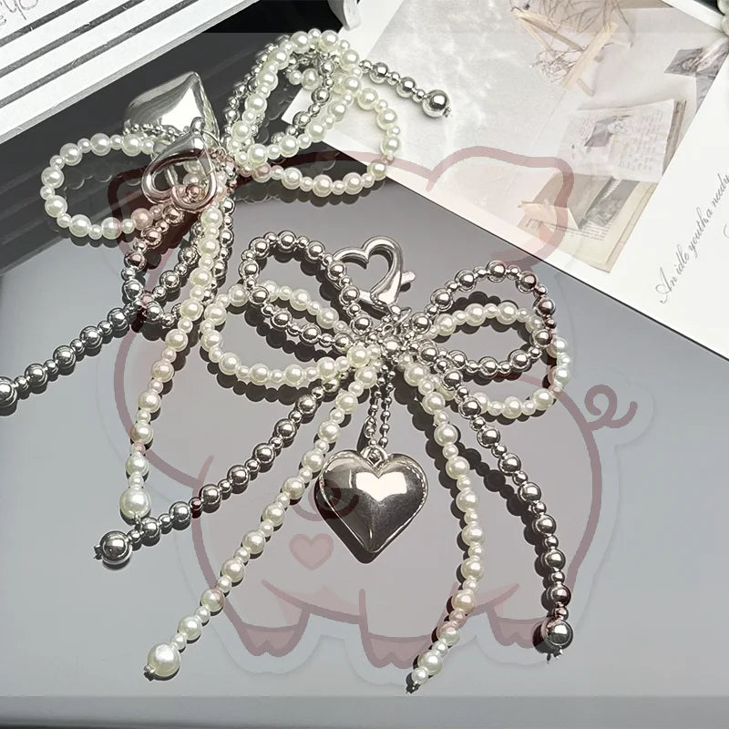 Sweet Bow Heart Bag Charm Keychain – Beaded Pendant Key Ring