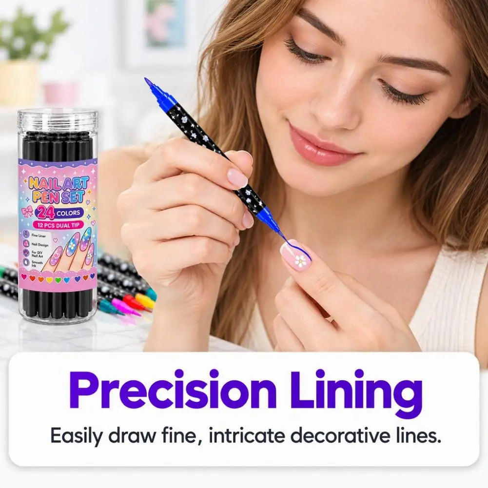 12-Pc Double-Ended Nail Art Pens – 24 Colors DIY Set