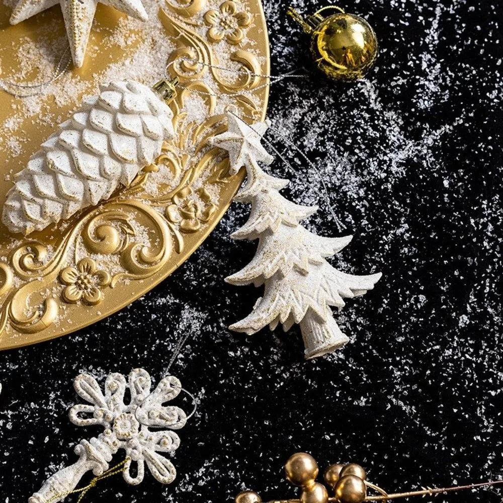 White Gold Glitter Christmas Ornaments – Assorted Resin Baubles