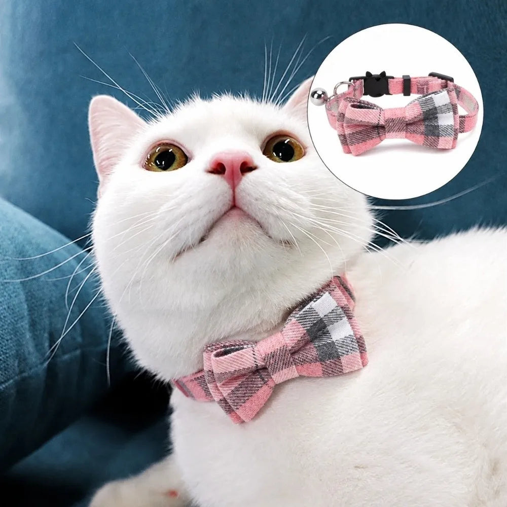 Plaid Cat Collar – Adjustable Breakaway Bowknot with Bell