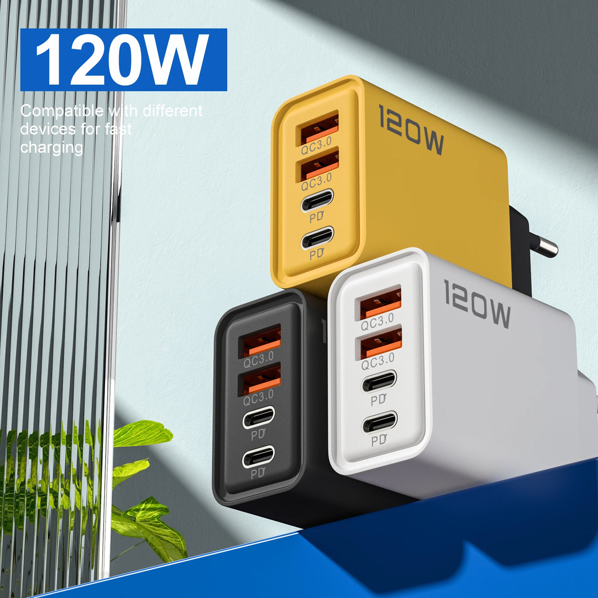 4-Port 120W USB-C PD Fast Charger – Quick Charge 3.0 Adapter