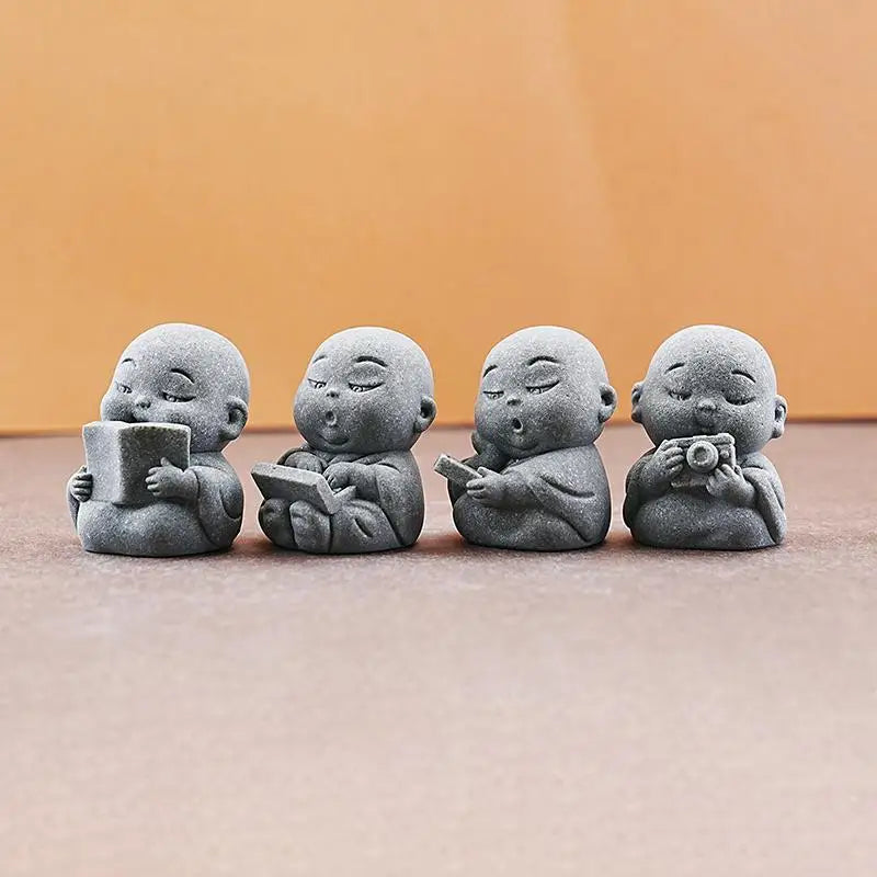 Zen Little Monk Statues – Resin Buddhist Figurines, 1 or 4 Pc