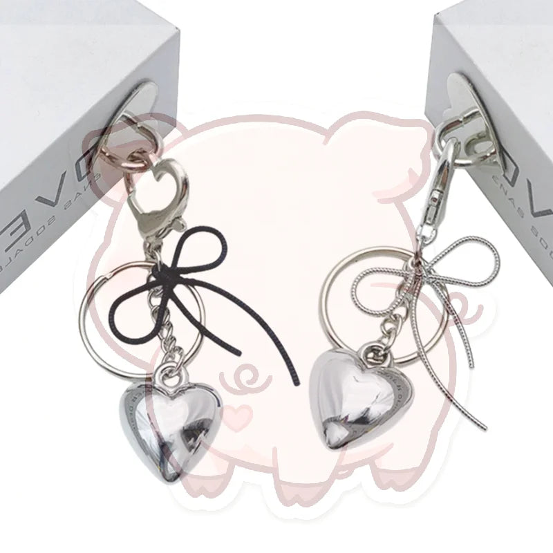 Y2K Silver Bowknot Heart Keychain – Metal Keyring & Bag Charm