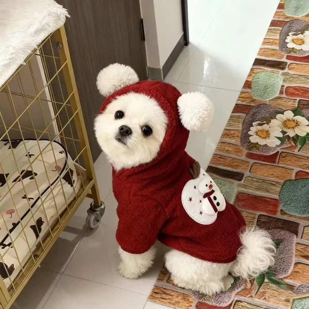 Dog Fleece Hoodie Rabbit Ear Sweatshirt – Red Winter Pet Coat