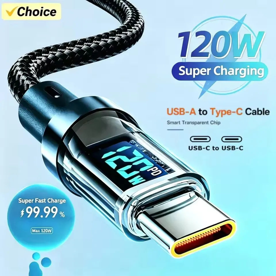 120W USB-A to USB-C Fast Charging Cable – Digital Display