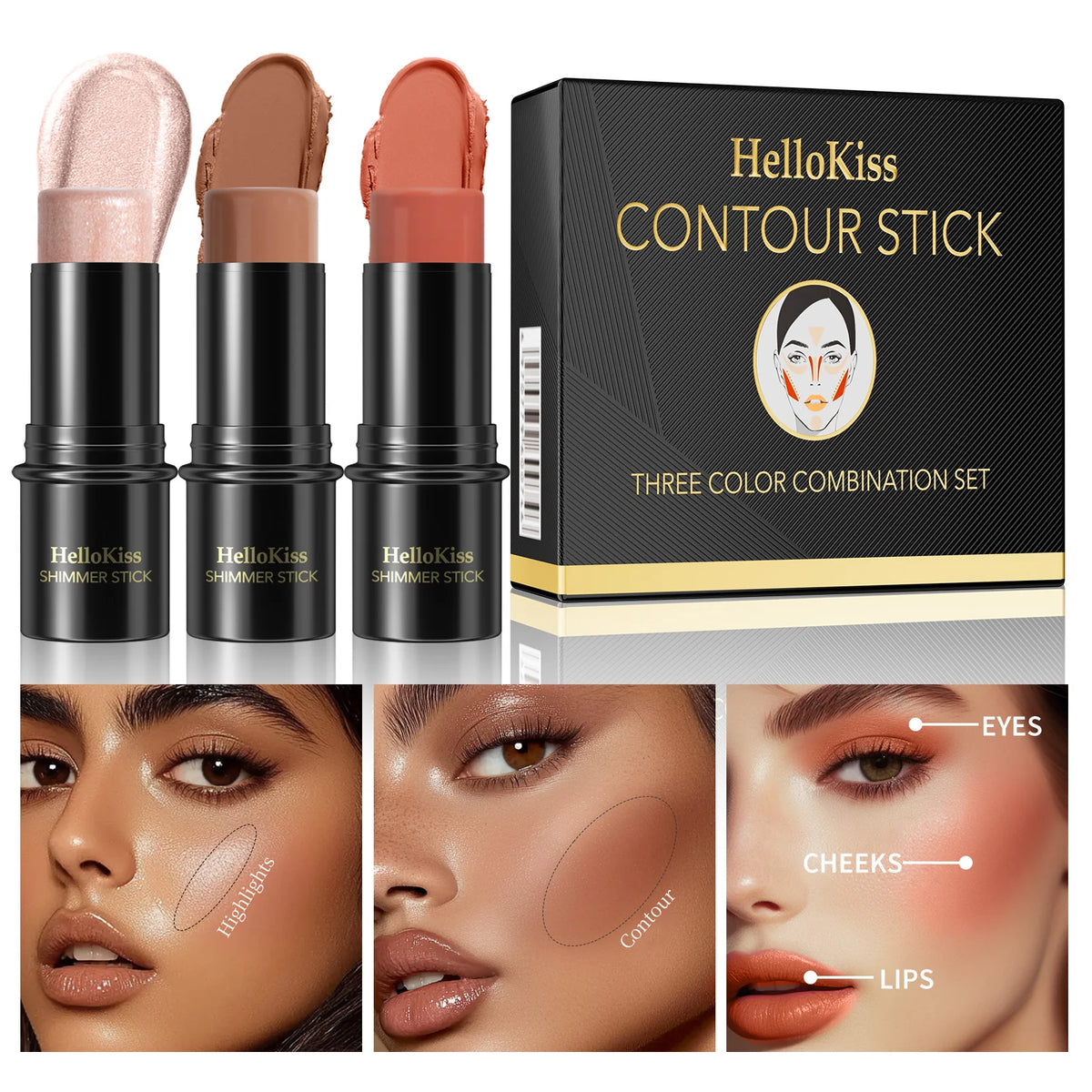 3-Piece Cream Contour Kit – Contour, Highlight & Blush Sticks