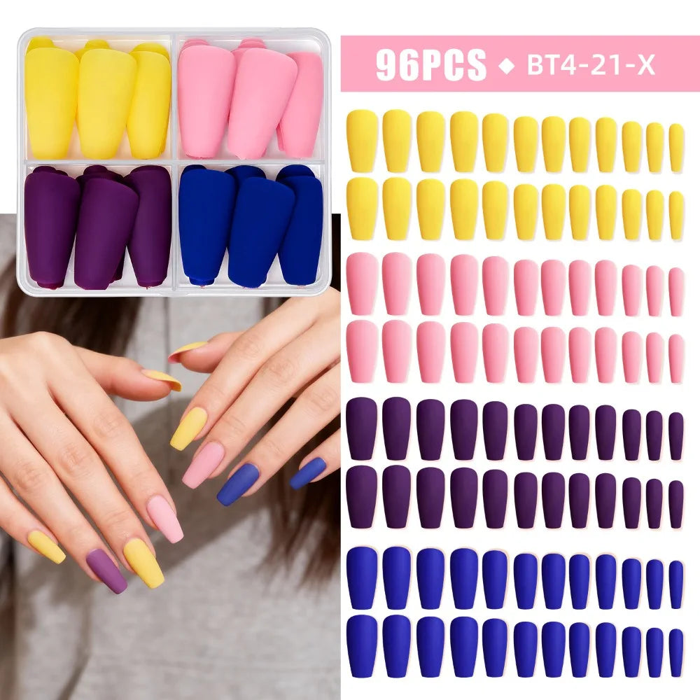 96-Pack Coffin Press On Nails – Matte Mix Color Full Cover Tips
