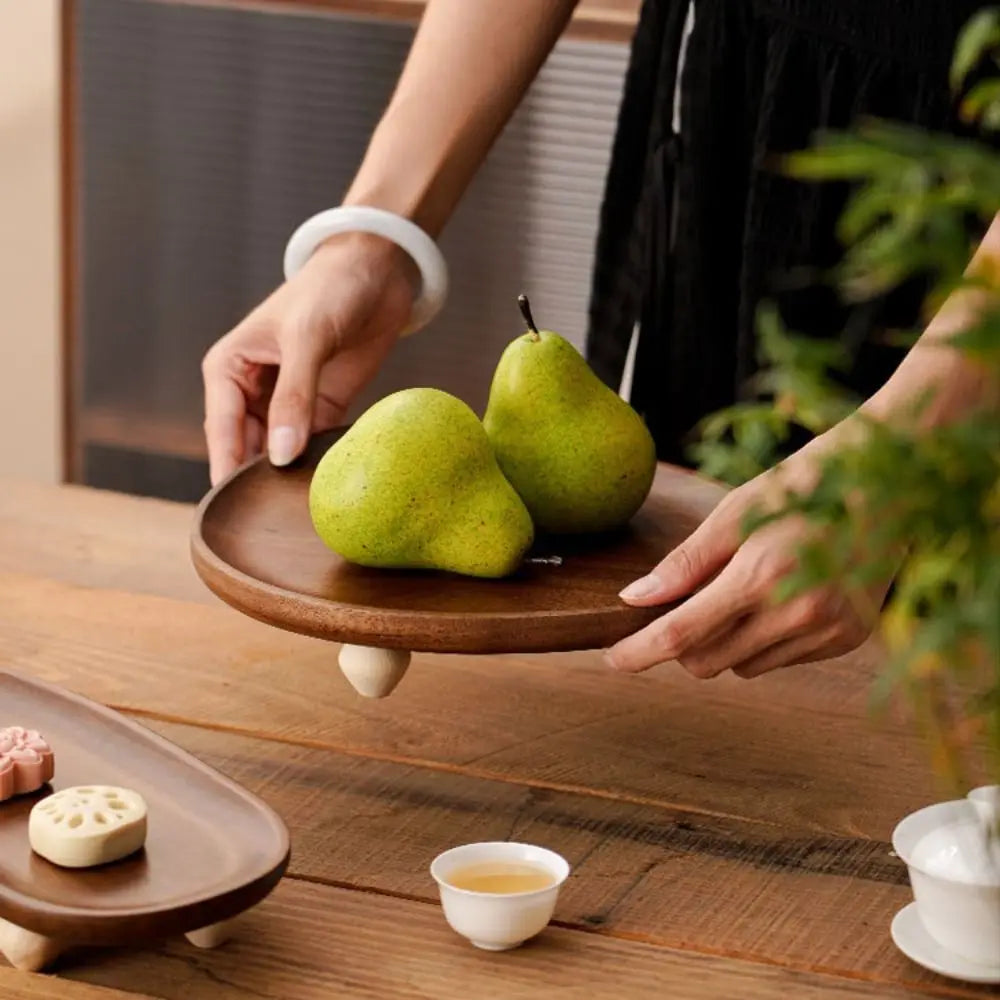 Oval Walnut Wood Serving Tray with Elevated Base | 3 Styles