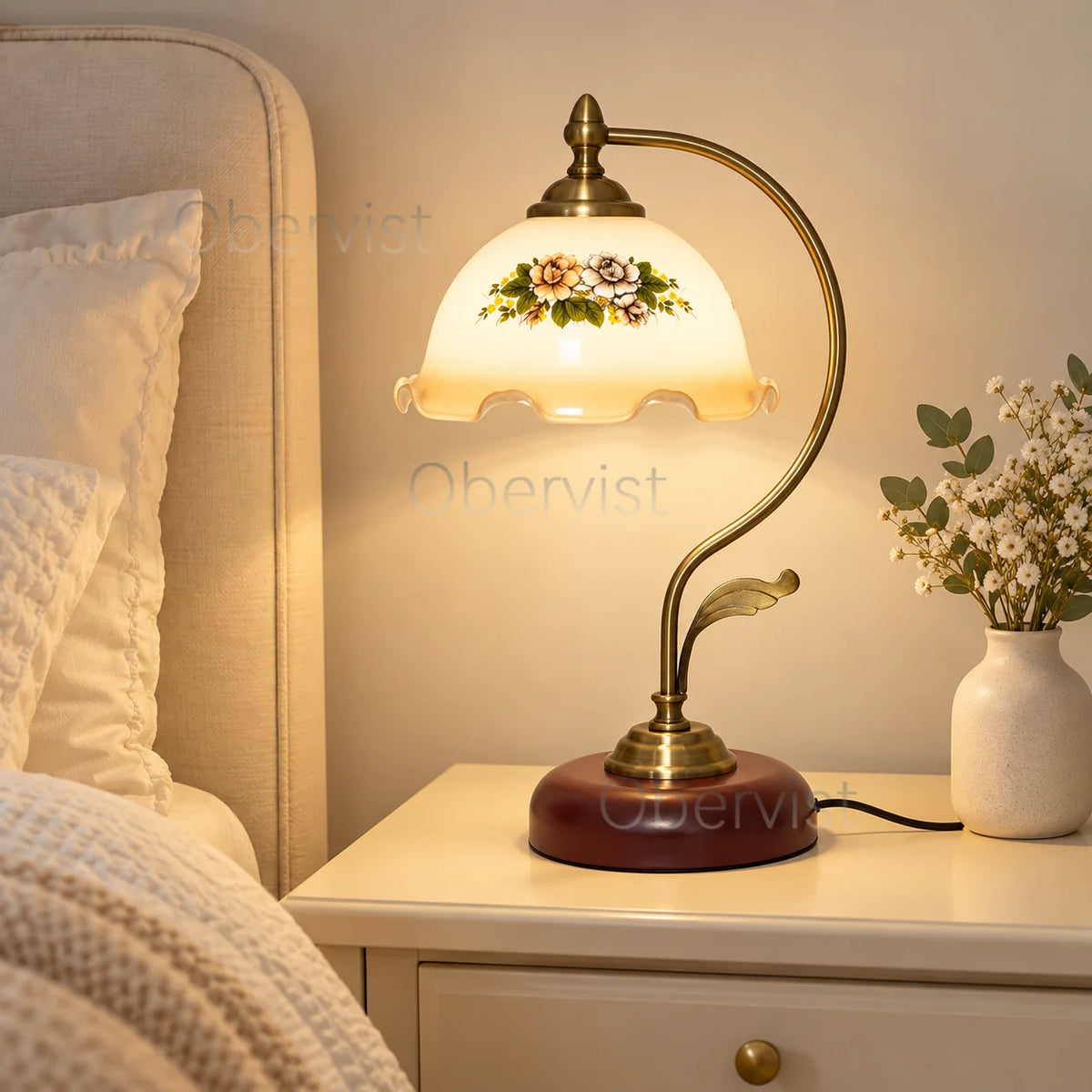 Vintage Floral Glass Table Lamp | Antique Brass Arm E27