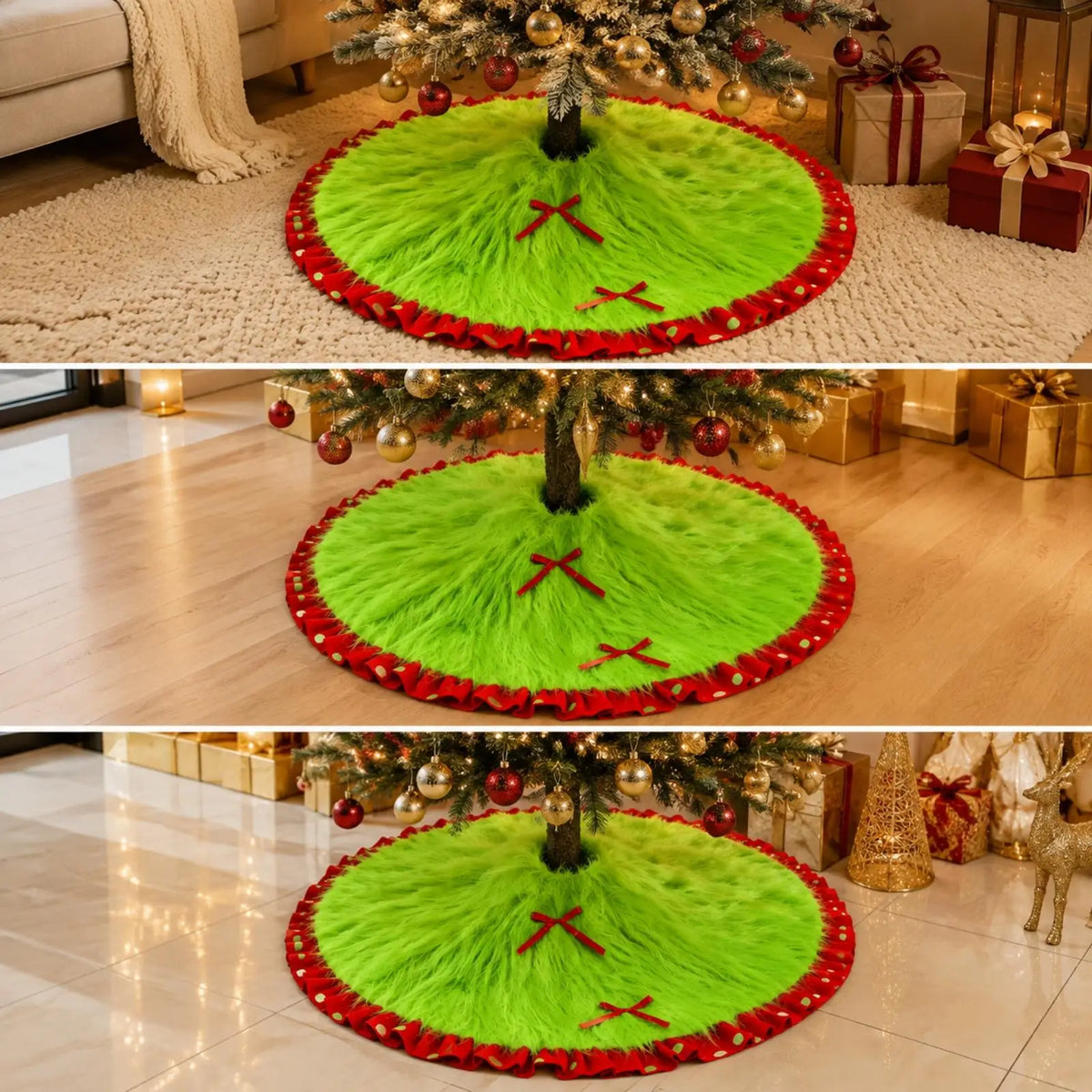 Round Plush Christmas Tree Skirt – Soft Furry Mat with Red Bows
