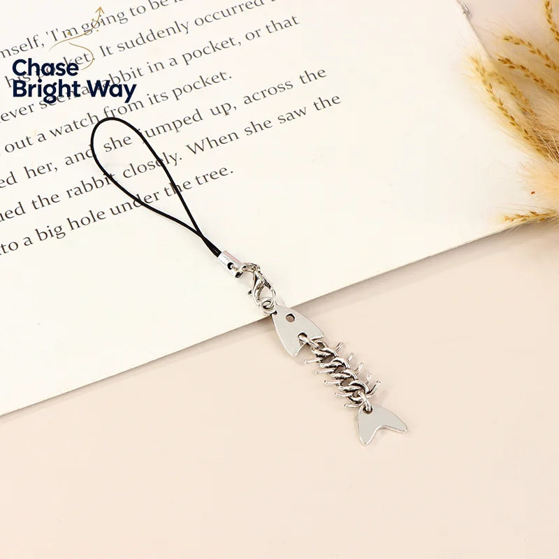 Y2K Fishbone Metal Phone Charm Lanyard | Cell Phone Chain